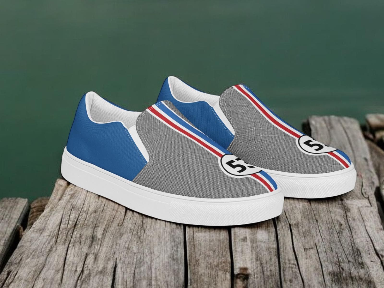 Herbie Blue Gray Canvas Slip-On Shoes | Handmade Racing Stripe Design