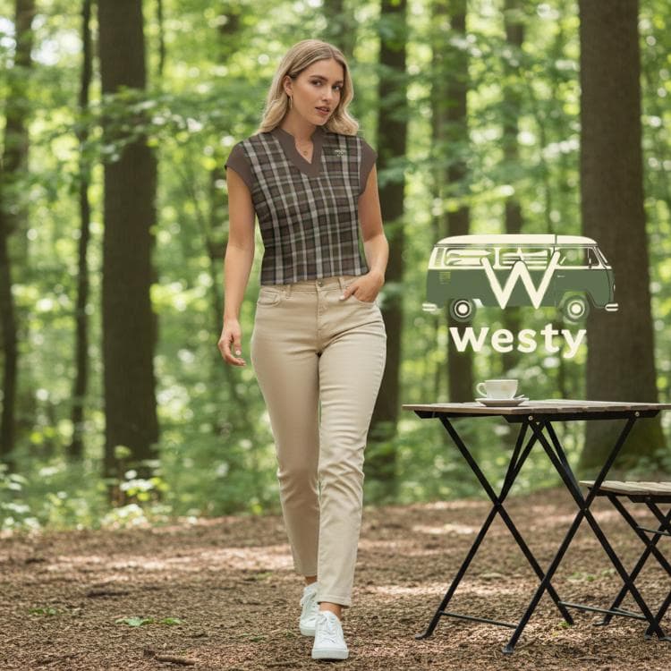 Westfalia Camper Plaid V-Neck Top, Adventure Van Life Shirt