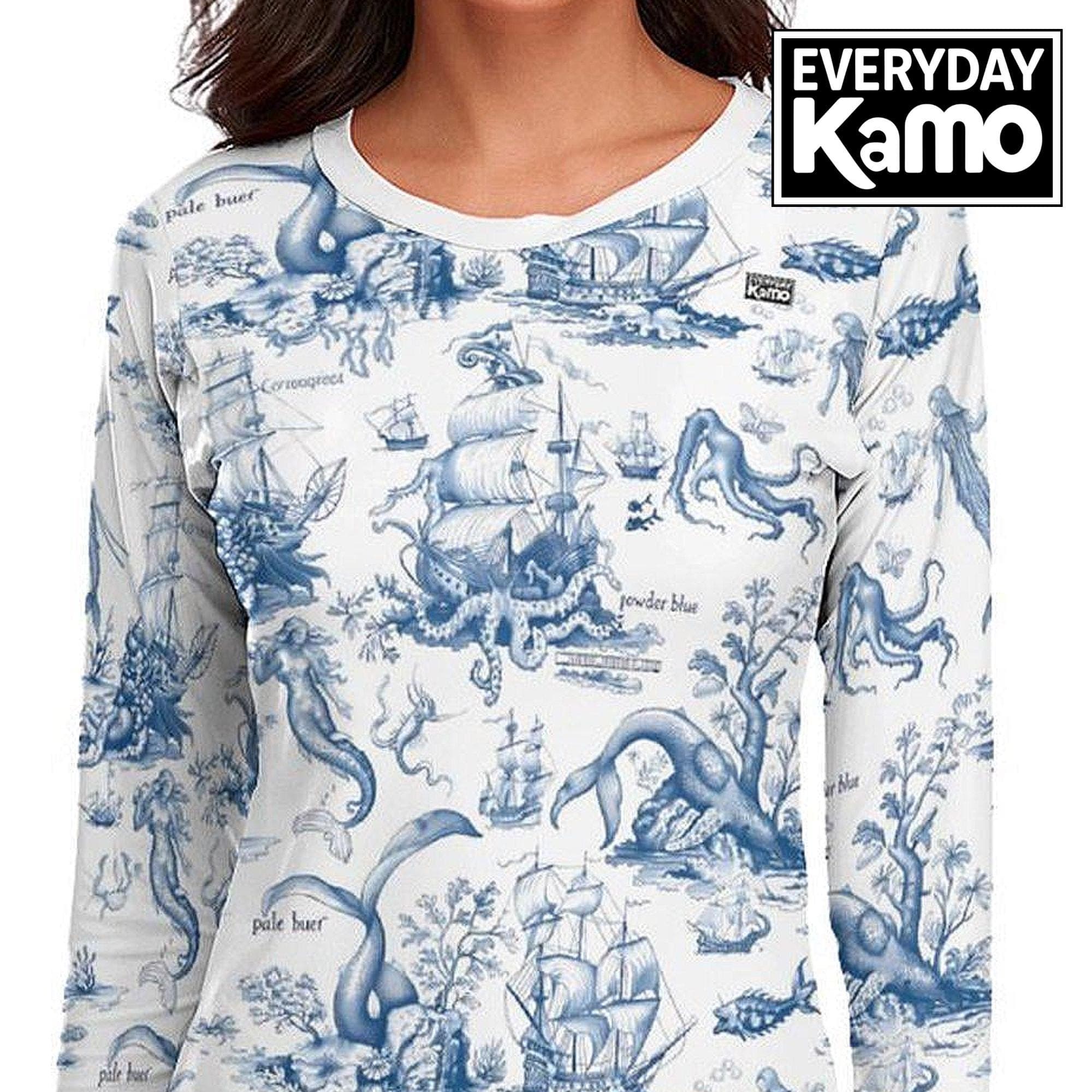 Women's Blue Toile Nautical UPF 40 Sun Protection Shirt | Mythical Sea Creatures & Ships | Quick Dry Ice Silk Rash Guard Tee