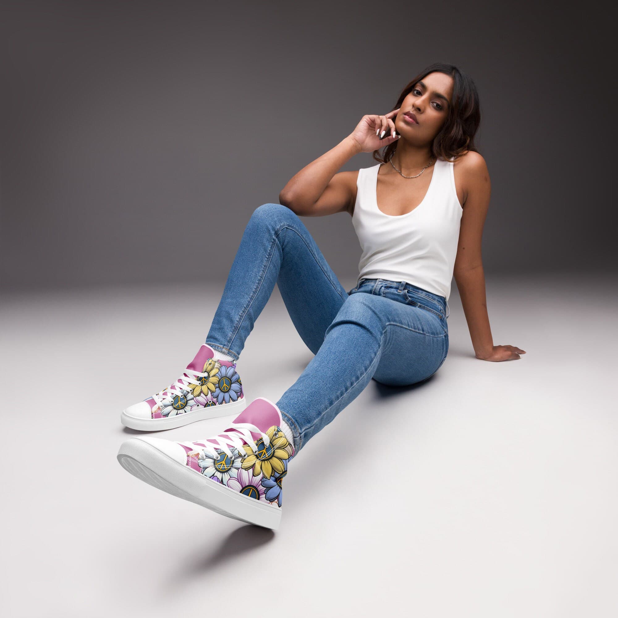 Pink VW Flower High Top Canvas Shoes Women's Handmade Sneakers