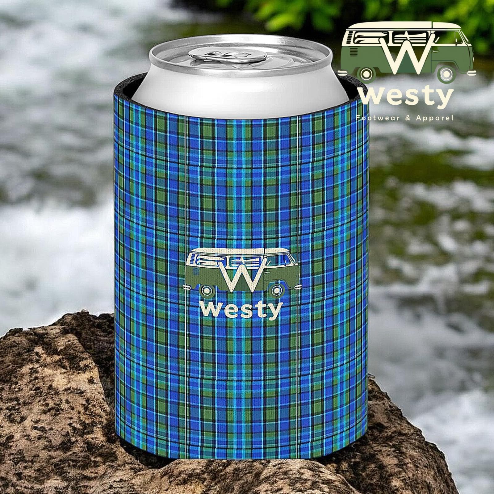 Westy Blue Plaid Can Cooler - Retro Westfalia Camper Bus Design