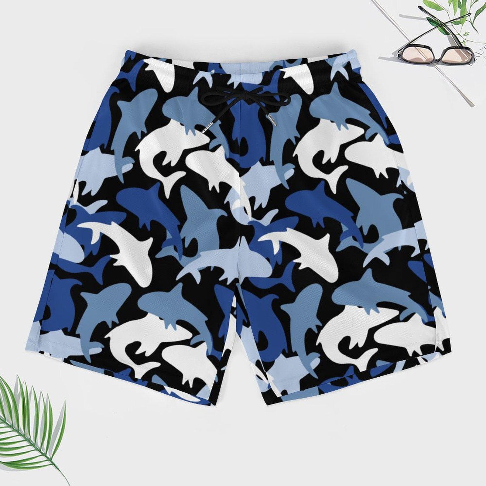 Men's Blue Shark Camouflage Beach Shorts | Quick Dry Swim Trunks with 4 Pockets