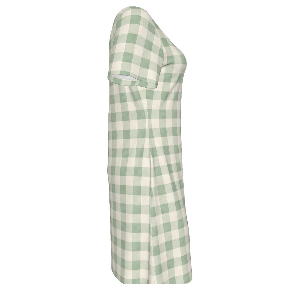 Green Gingham V-Neck Cotton Dress | Handmade Summer Mini | Breathable Eco-Friendly