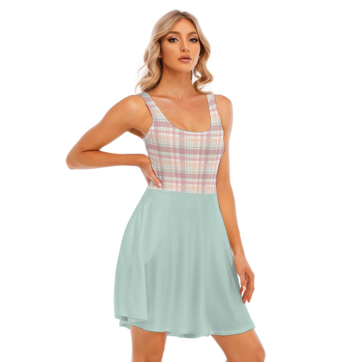 Charming Plaid & Pastel Skater Dress | Everyday Kamo Wide Strap Scoop Neck