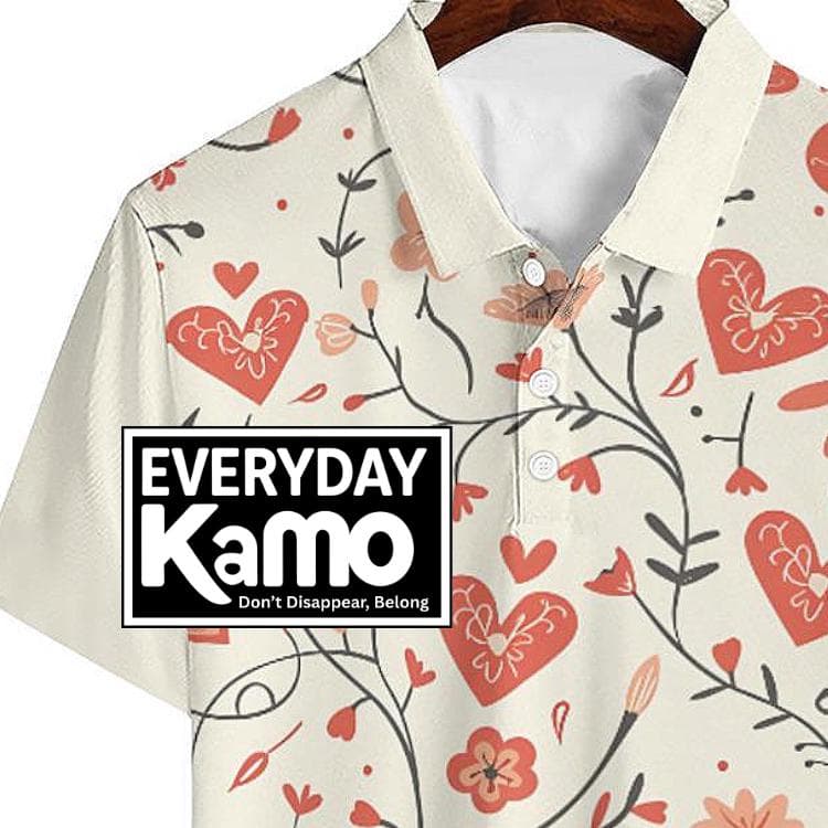 Heart & Floral Print Polo | Breathable Polyester Valentine's Top