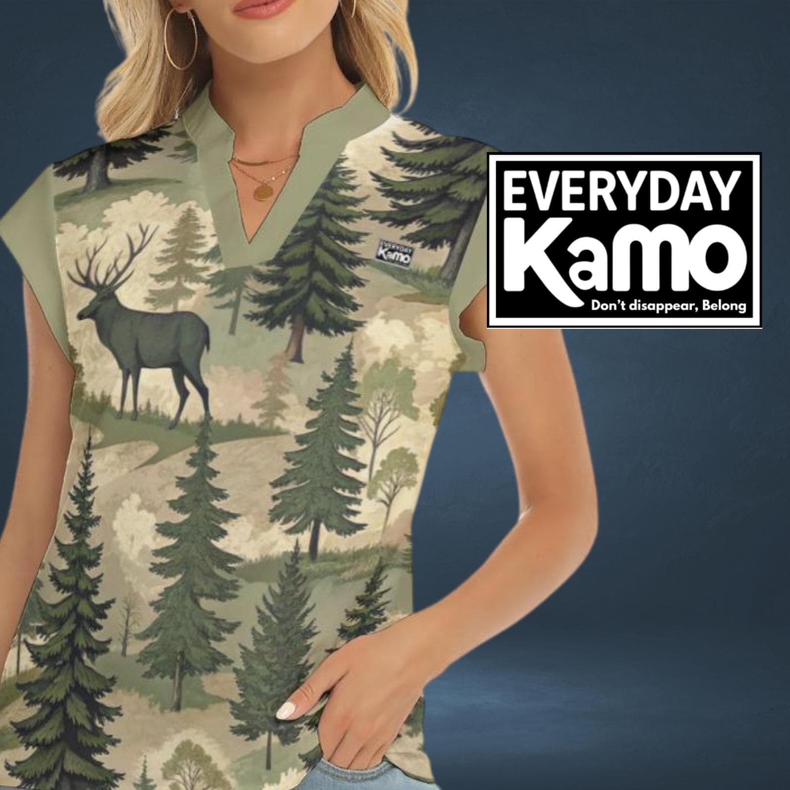 Majestic Deer Forest V-Neck Top - Everyday Kamo Eclectic Nature Print Shirt