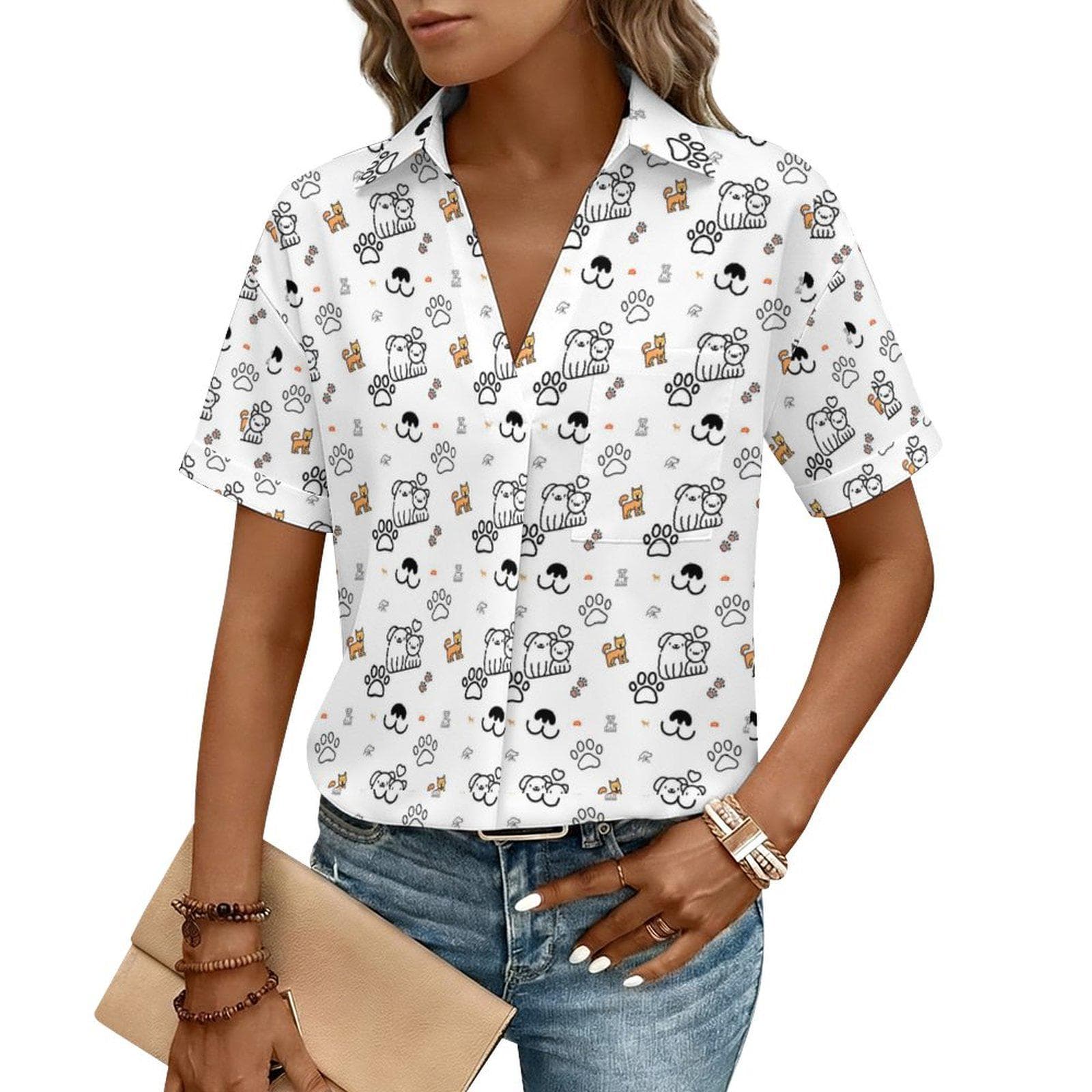 Women's Dog Paw Print Lapel Collar Shirt | Custom All-Over Print | 4-Way Stretch