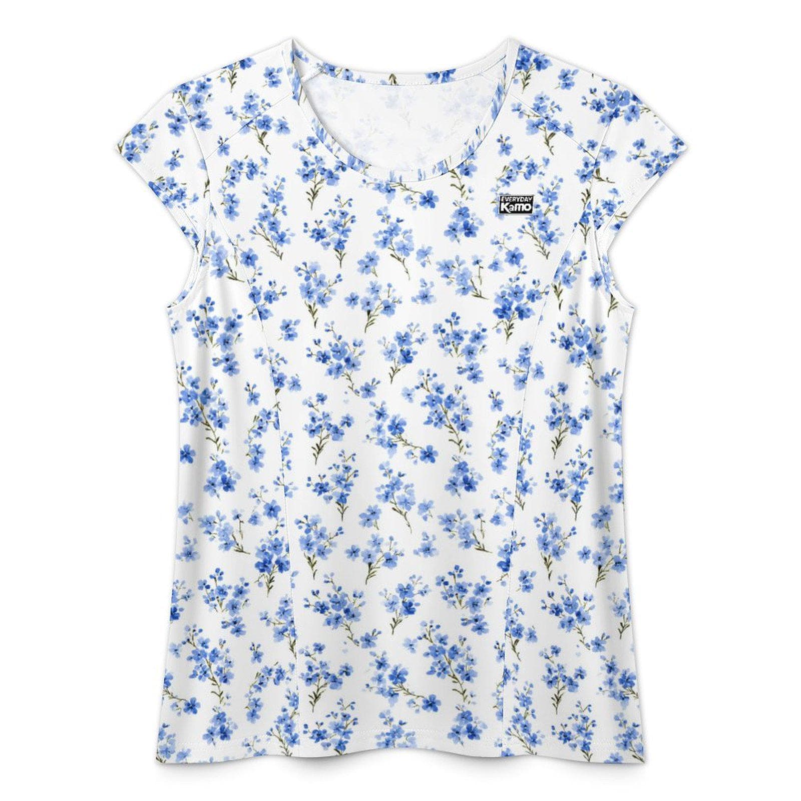 Blue Floral Ice Silk T-Shirt | Women's UPF 50+ Sun Protection Tee | Breathable Summer Blossom Top