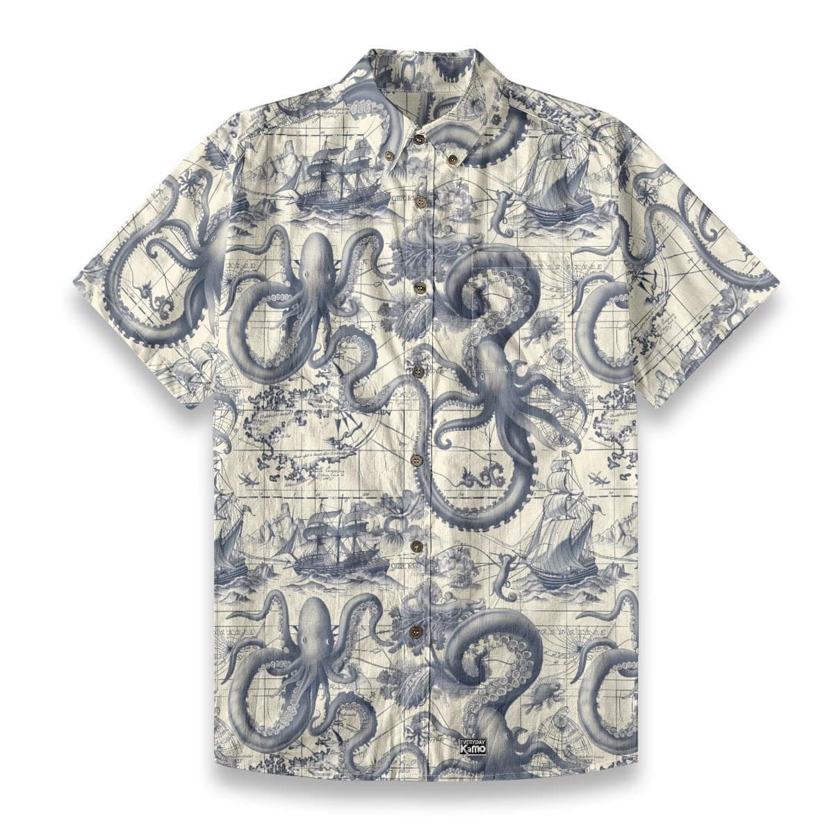 Men's Octopus Hawaiian Shirt, Vintage Nautical Map Slub Cotton Button-Up