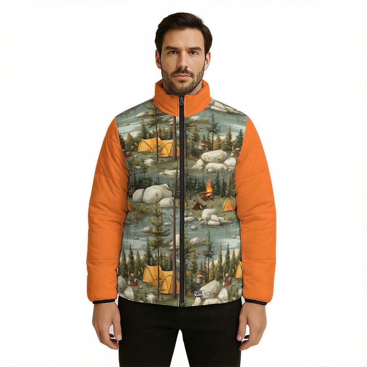 Forest Camping Puffer Jacket, Nature Scene Padded Coat, Outdoor Adventure Gear, Whimsical Campfire Print