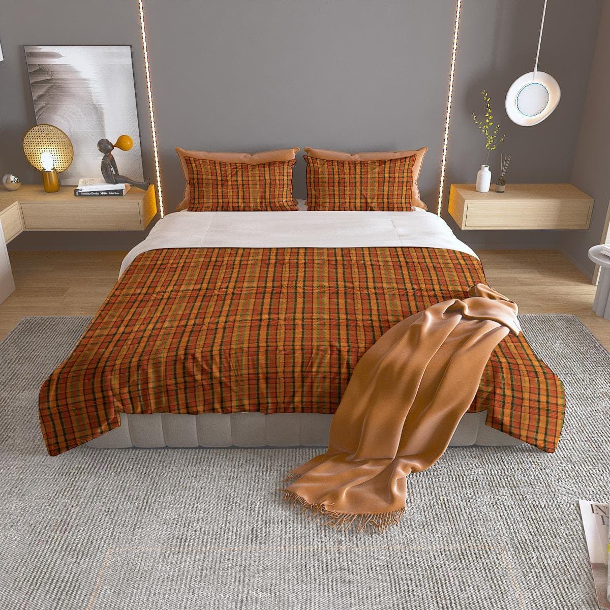 Orange Plaid Bedding Set Queen King Twin Polyester Machine Washable