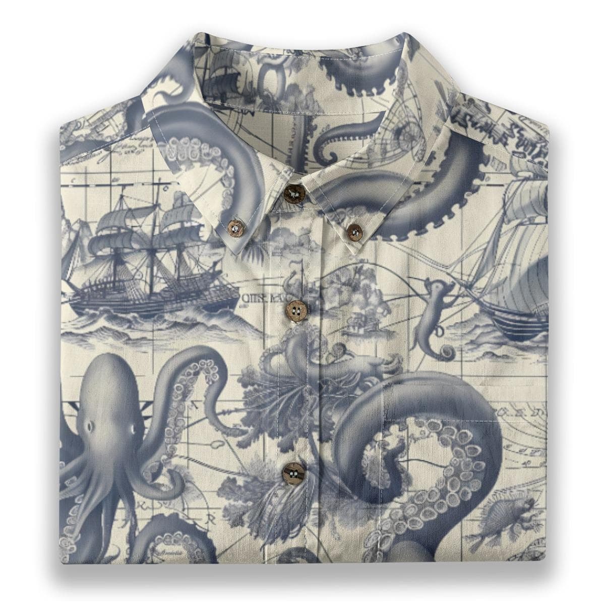 Men's Octopus Hawaiian Shirt, Vintage Nautical Map Slub Cotton Button-Up