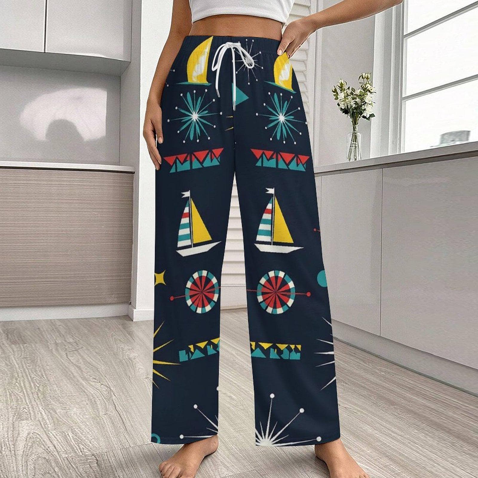 Women's Nautical Sailboat Cotton Pajama Pants | Mid-Century Modern Print
