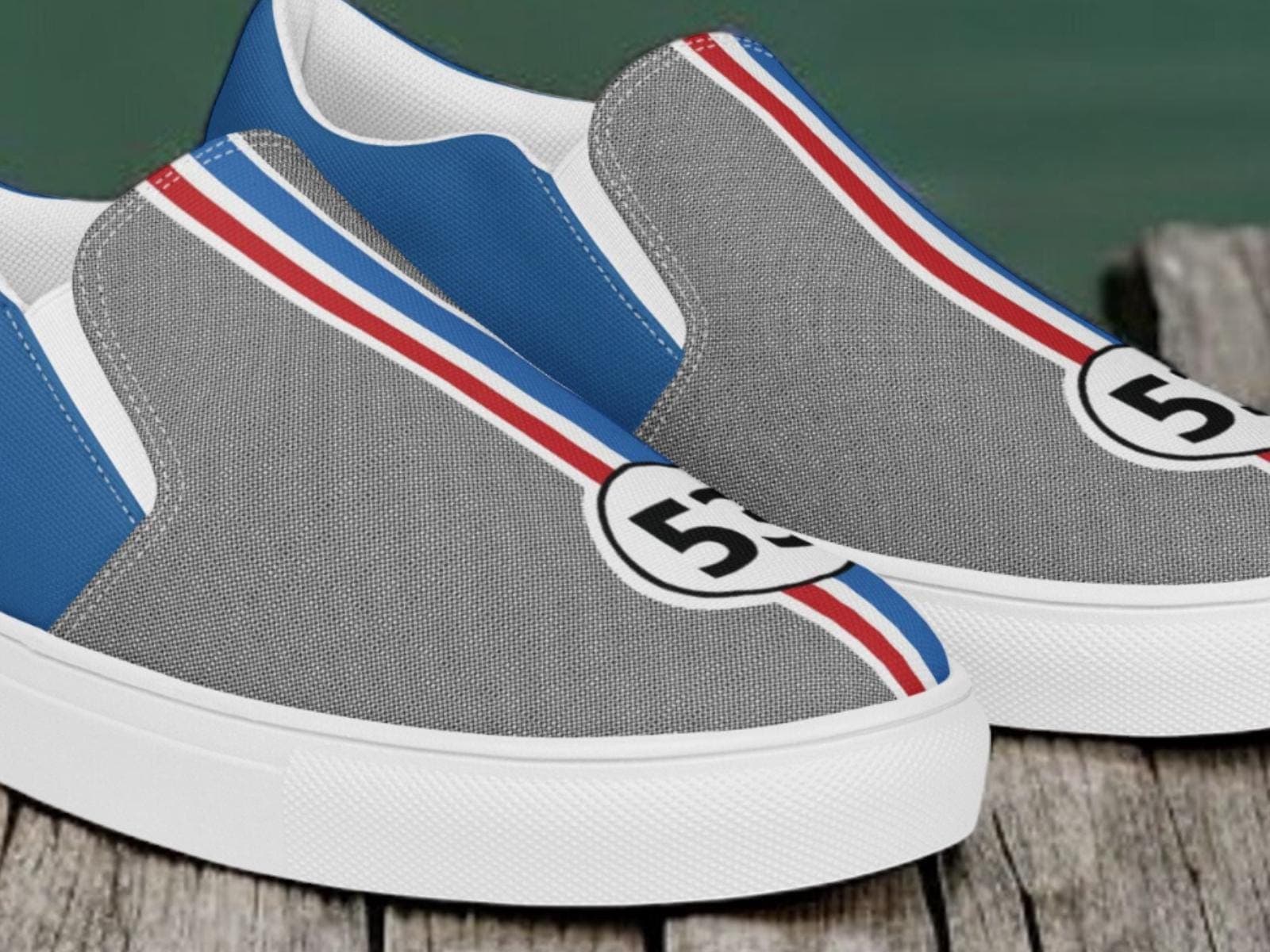Herbie Blue Gray Canvas Slip-On Shoes | Handmade Racing Stripe Design