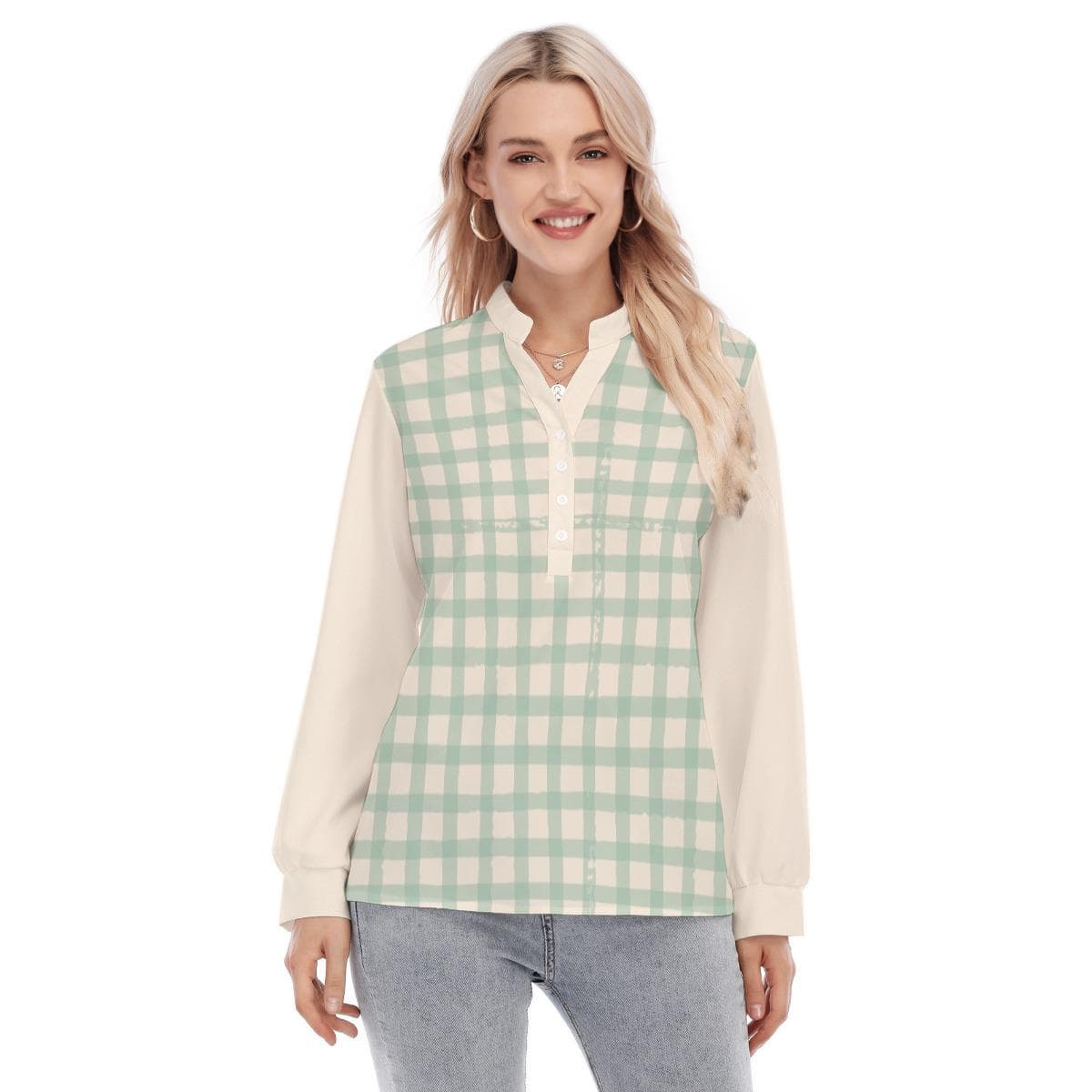Mint Green Gingham Blouse, Long Sleeve Henley Shirt