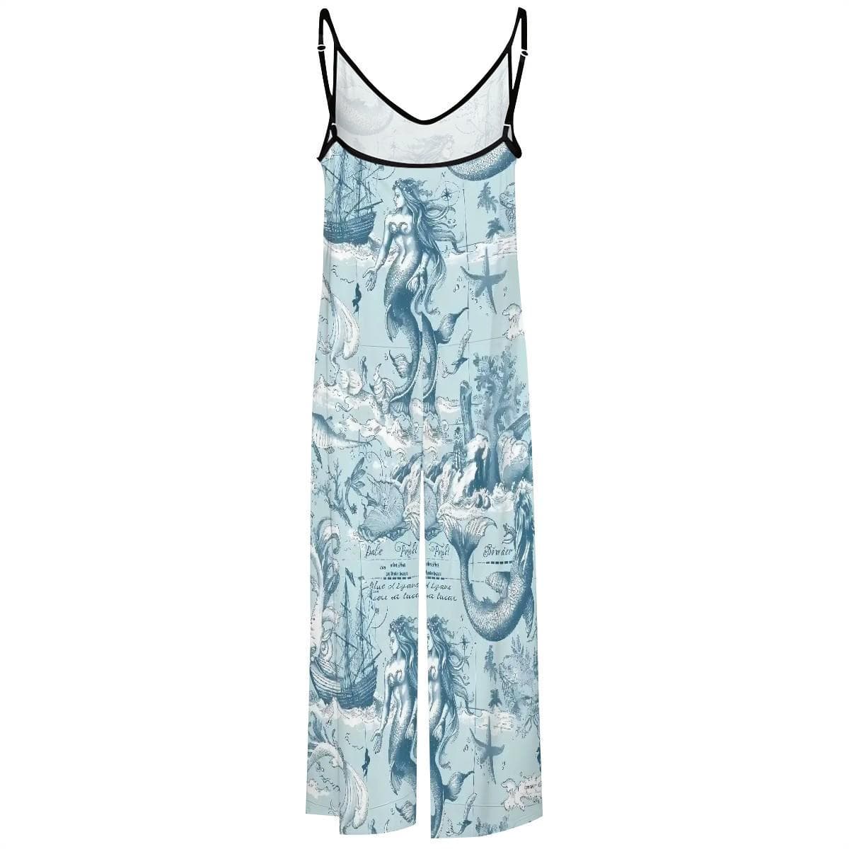 Mermaid Print Jumpsuit Light Blue Palazzo Romper Suspender Beach Outfit