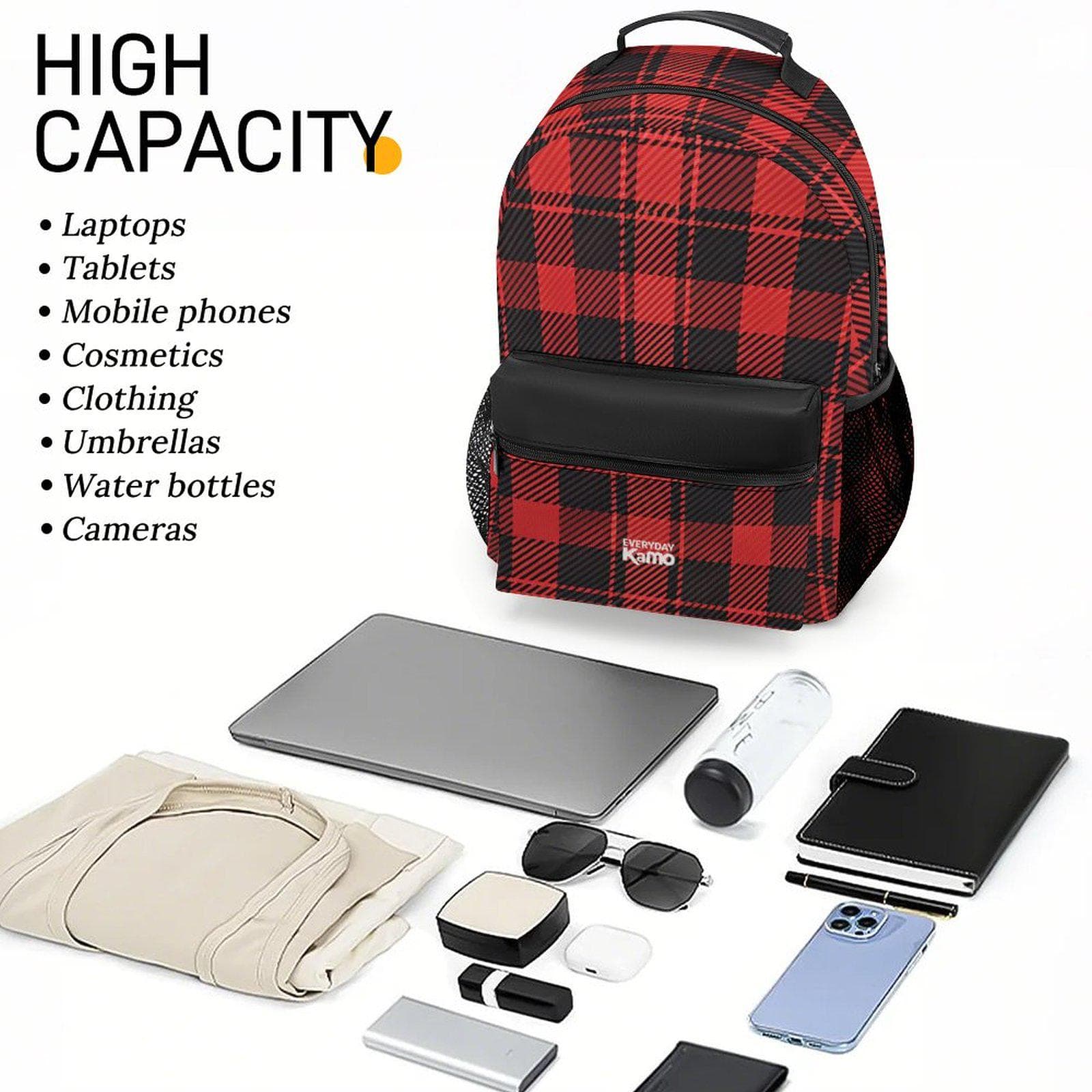 Everyday Kamo Plaid Power Backpack: Red & Black Buffalo Check Daypack with Leather Accents