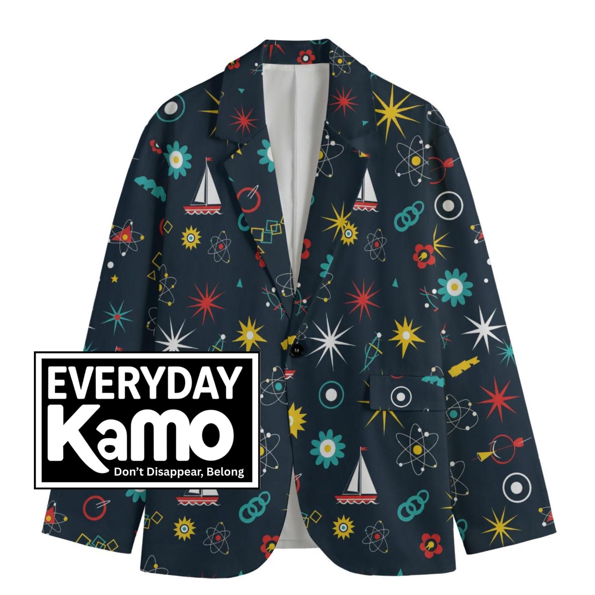 Unique Atomic Retro Blazer, Men's Funky Print Cotton Jacket, Science & Sailor Design Casual Blazer, Boho Flat Lapel Lightweight