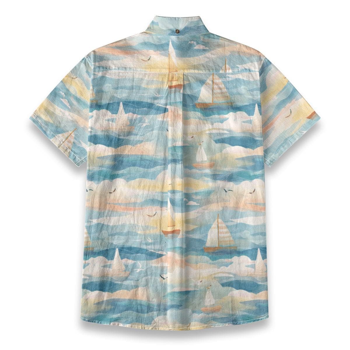 Nautical Sailboat Print Slub Cotton Shirt - Men's Short Sleeve Button Down Beach Top