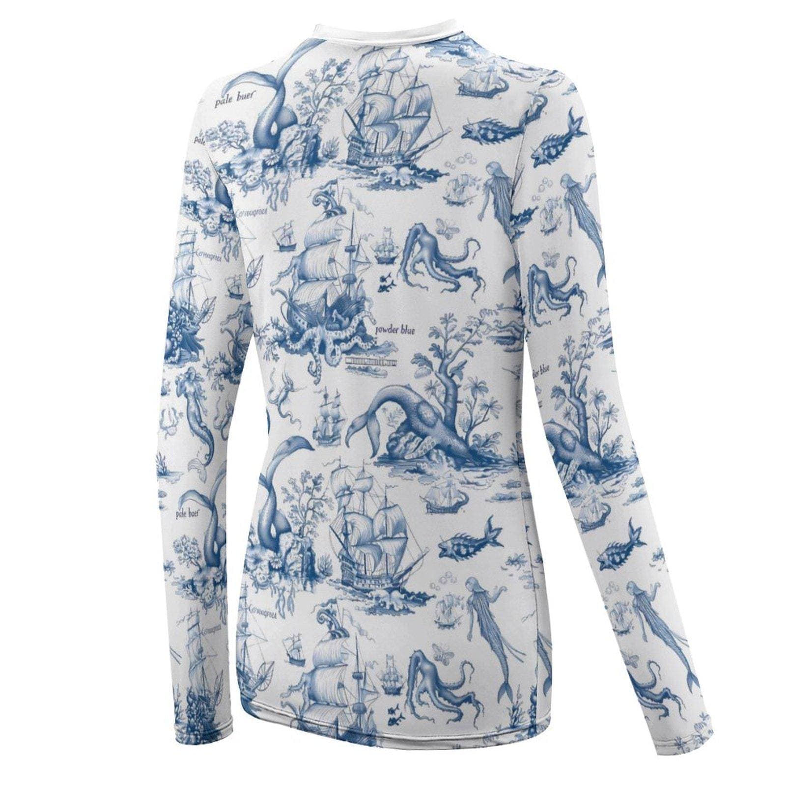 Women's Blue Toile Nautical UPF 40 Sun Protection Shirt | Mythical Sea Creatures & Ships | Quick Dry Ice Silk Rash Guard Tee