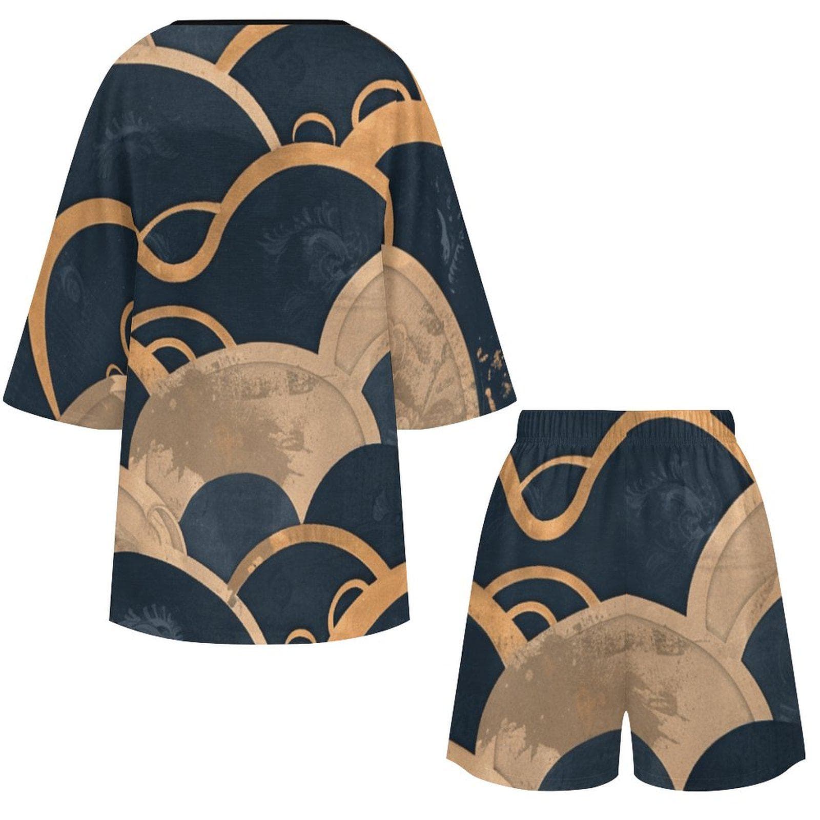 Chic Mediterranean V-Neck Slub Linen Shorts Set | Abstract Geometric Batwing Loungewear