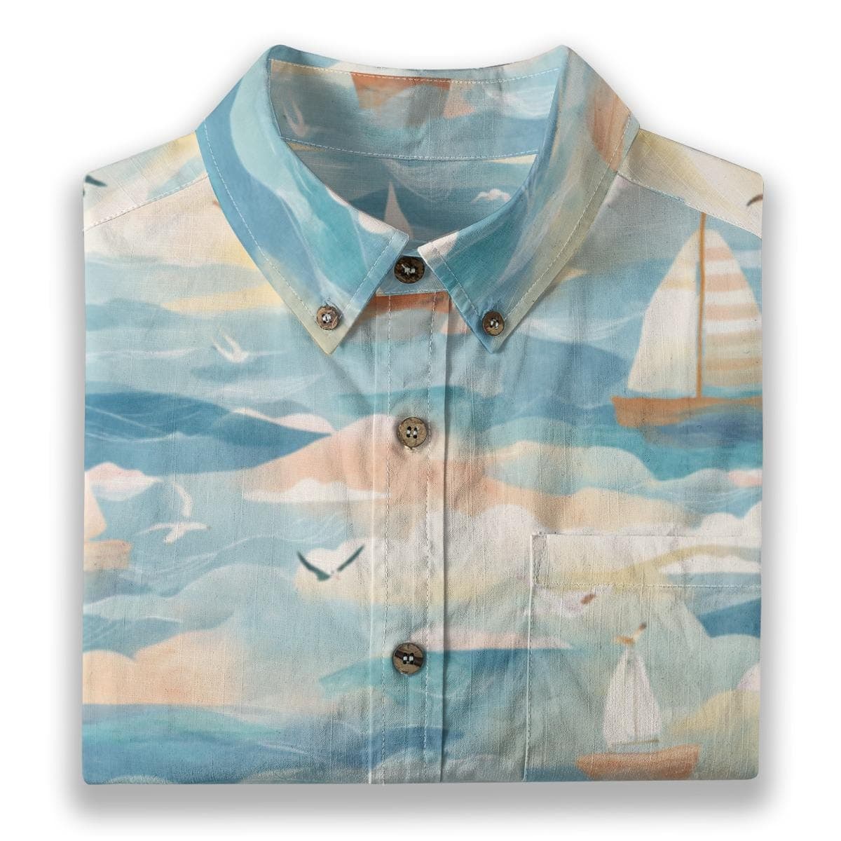 Nautical Sailboat Print Slub Cotton Shirt - Men's Short Sleeve Button Down Beach Top