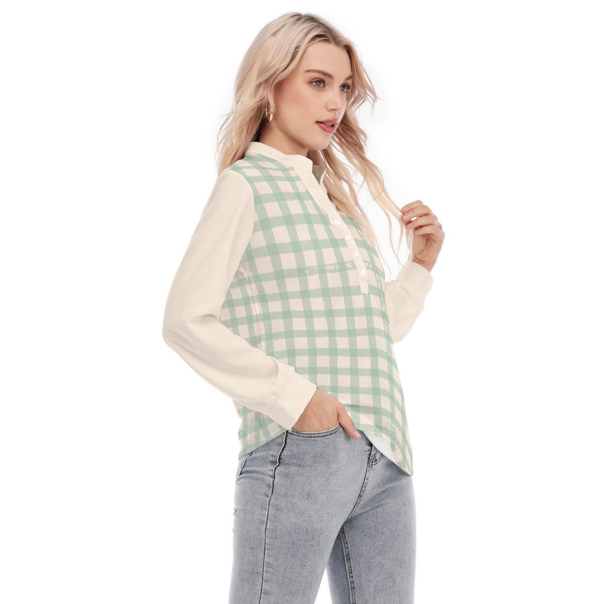 Mint Green Gingham Blouse, Long Sleeve Henley Shirt
