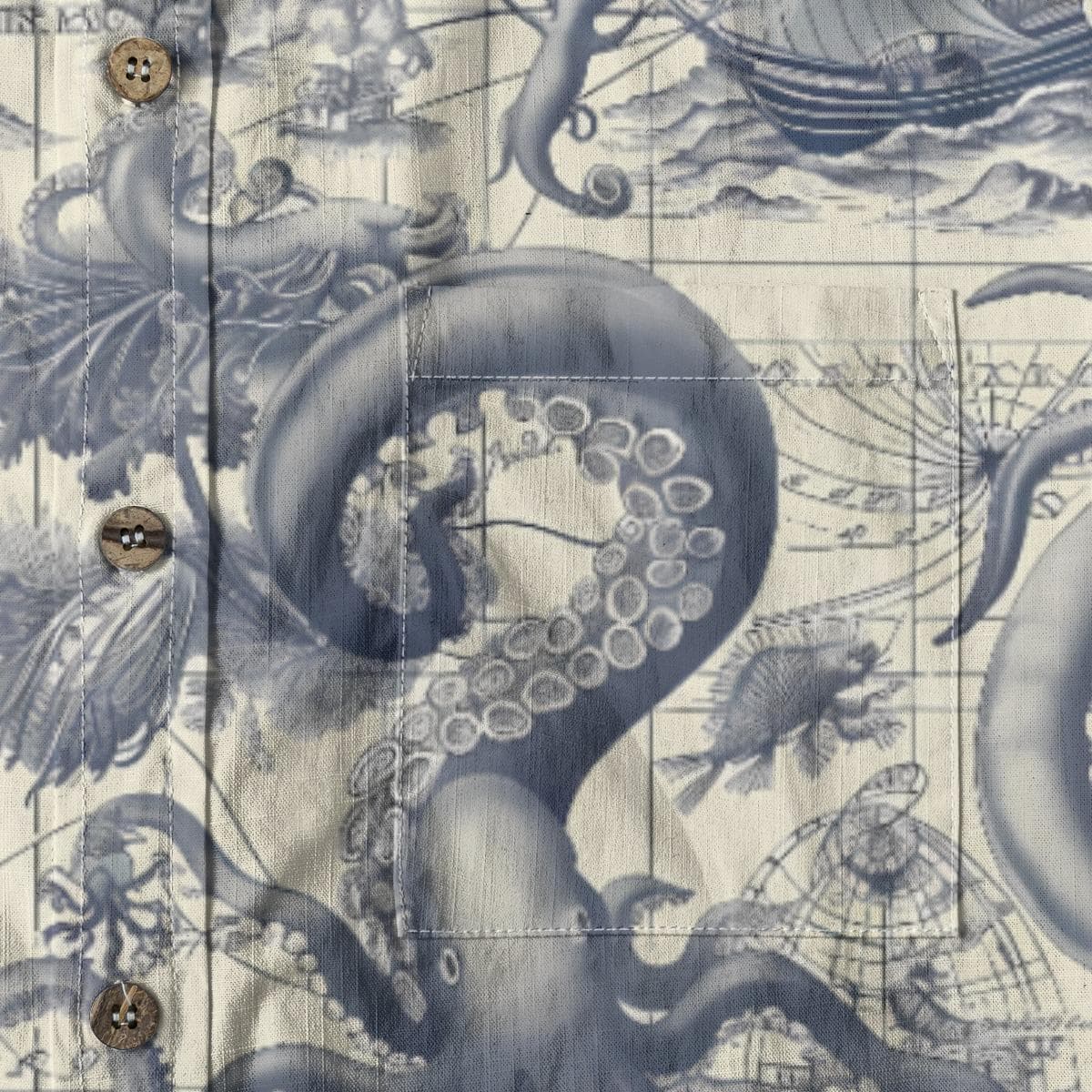 Men's Octopus Hawaiian Shirt, Vintage Nautical Map Slub Cotton Button-Up