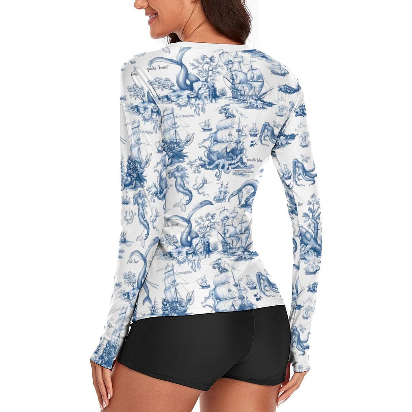 Women's Blue Toile Nautical UPF 40 Sun Protection Shirt | Mythical Sea Creatures & Ships | Quick Dry Ice Silk Rash Guard Tee