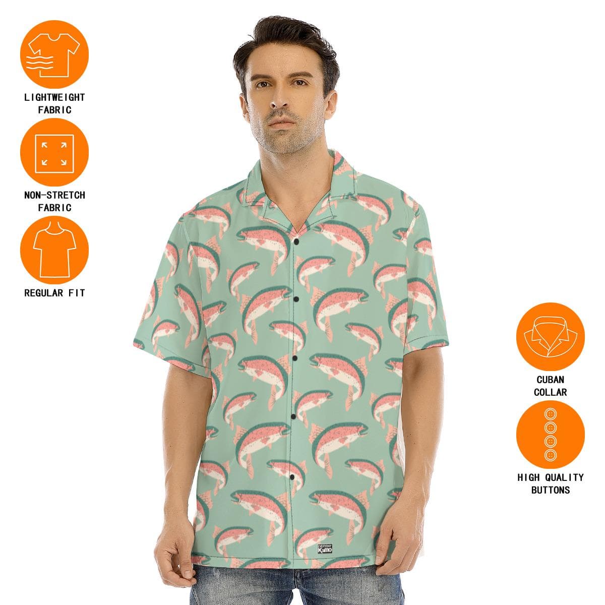 Men's Salmon Trout Hawaiian Shirt | Mint Green Fishing Aloha Shirt | Summer Short Sleeve Button Down | Angler Gift