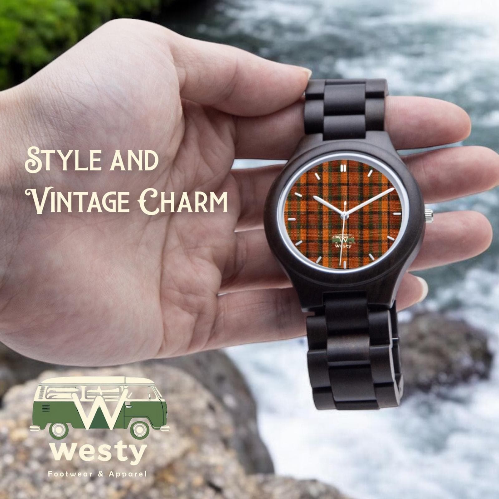 Westy Orange Plaid Wooden Watch | Italian Olive Wood | Van Life Heritage Timepiece | Japanese Citizen Movement | Road Trip Gift