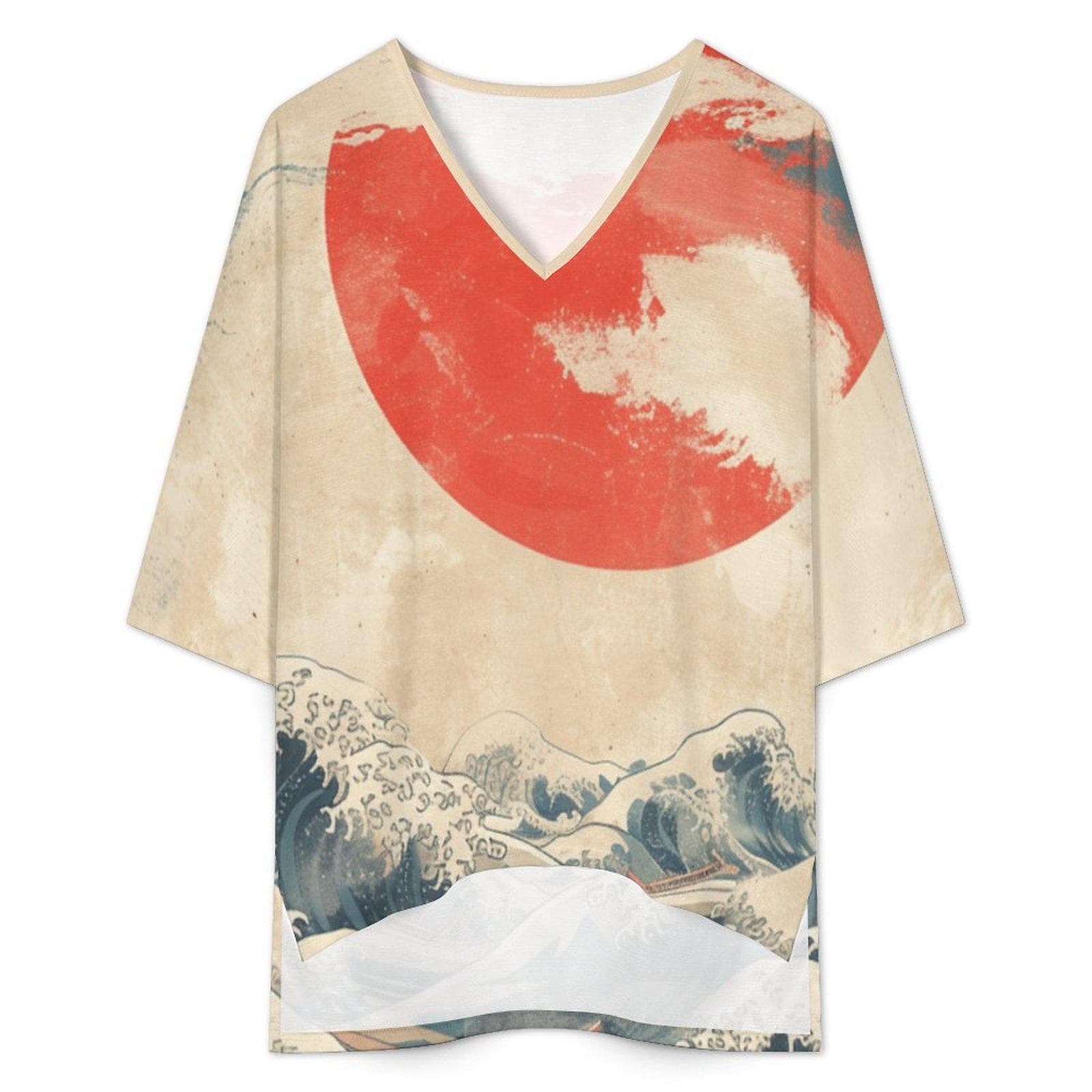 Mediterranean Style V-Neck Suit | Slub Linen Art Wave Print Shorts Set | Batwing Sleeve Resort Wear