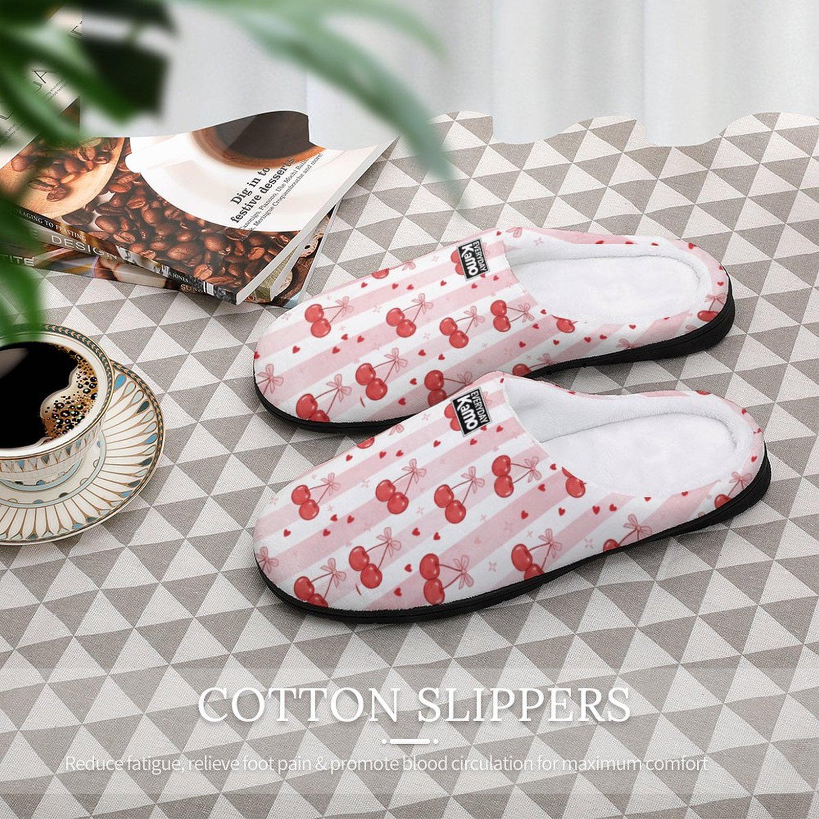 Sweet Cherry Stripe Women's Cotton Slippers | Cozy Indoor House Shoes | Pink & Red Comfort Slides