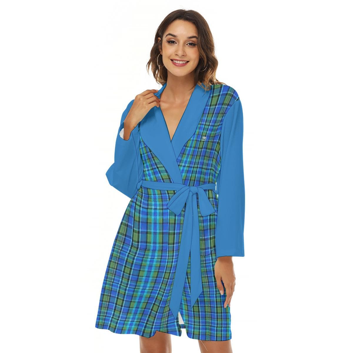 Blue Plaid Jersey Bathrobe | Cozy Loungewear Robe with Pockets