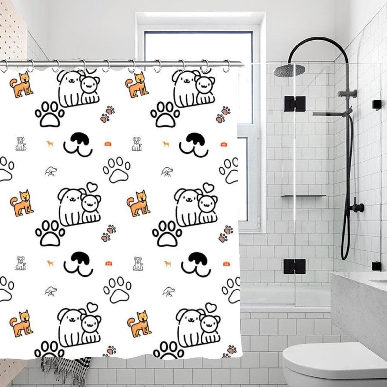 Dog Cat Paw Print Shower Curtain - Waterproof Polyester Kawaii Bathroom Decor