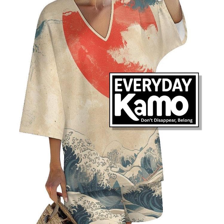 Mediterranean Style V-Neck Suit | Slub Linen Art Wave Print Shorts Set | Batwing Sleeve Resort Wear