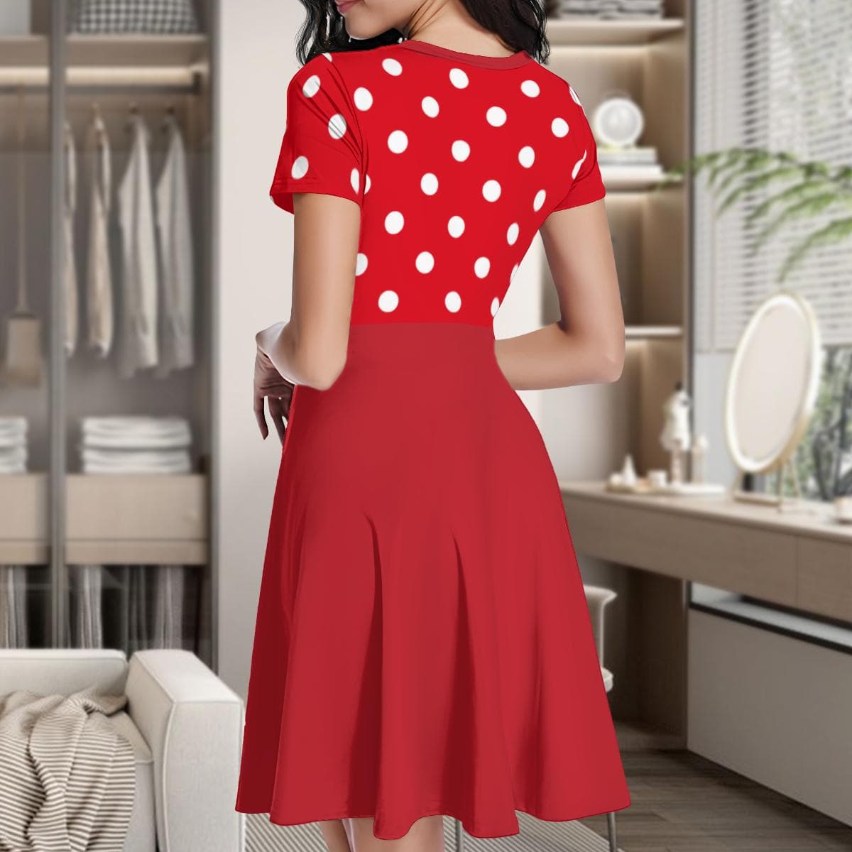 Vibrant Red Polka Dot Skater Dress | Women's Short Sleeve Milk Silk Summer Flowy Mini Dress | Casual & Chic