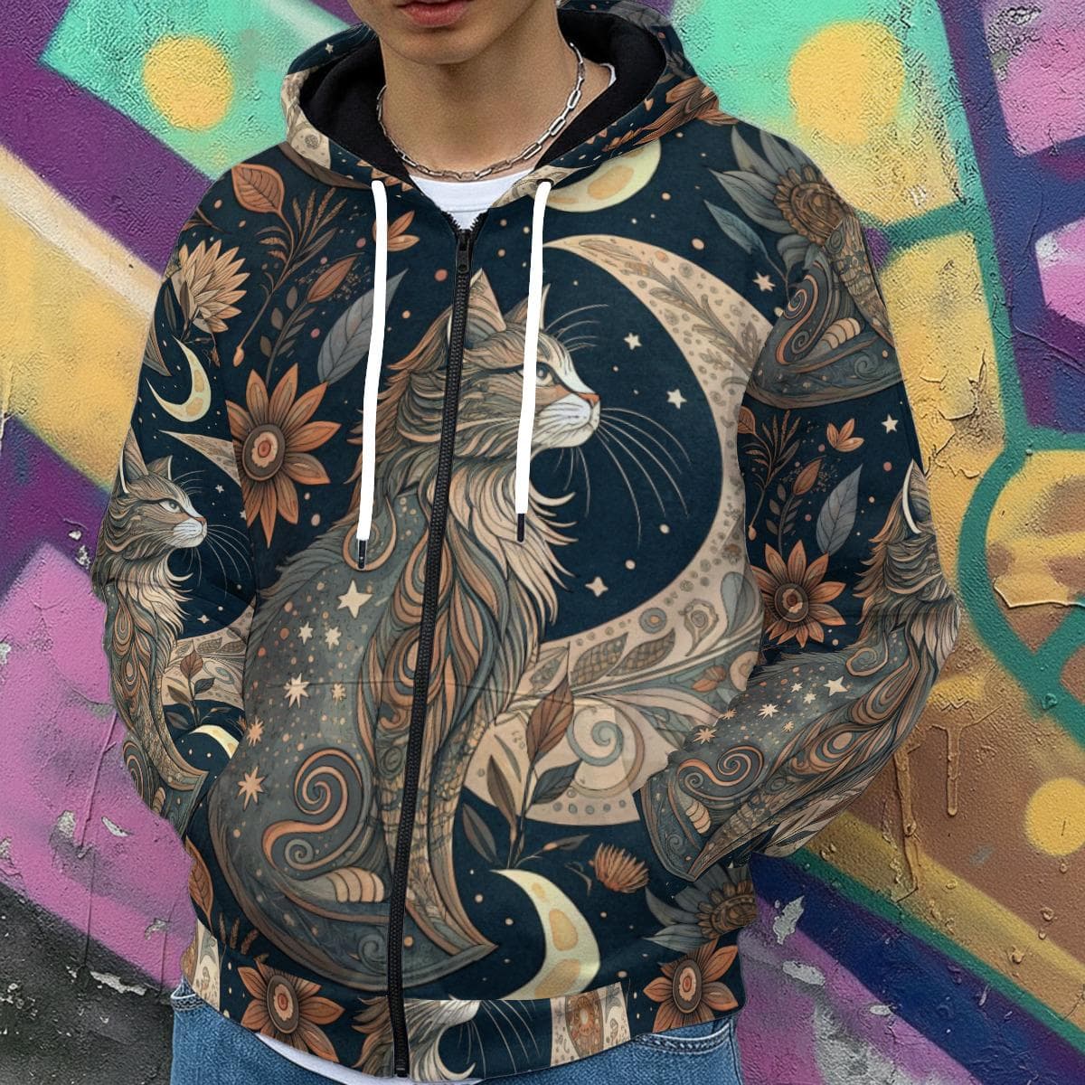 Mystical Cat on Moon Full-Zip Hoodie | Celestial Starry Night Art Cozy Fleece Jacket | Whimsical Animal Lover Gift