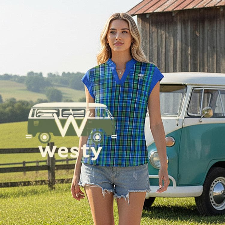 Westy Camper V-Neck Top, Plaid Adventure Shirt