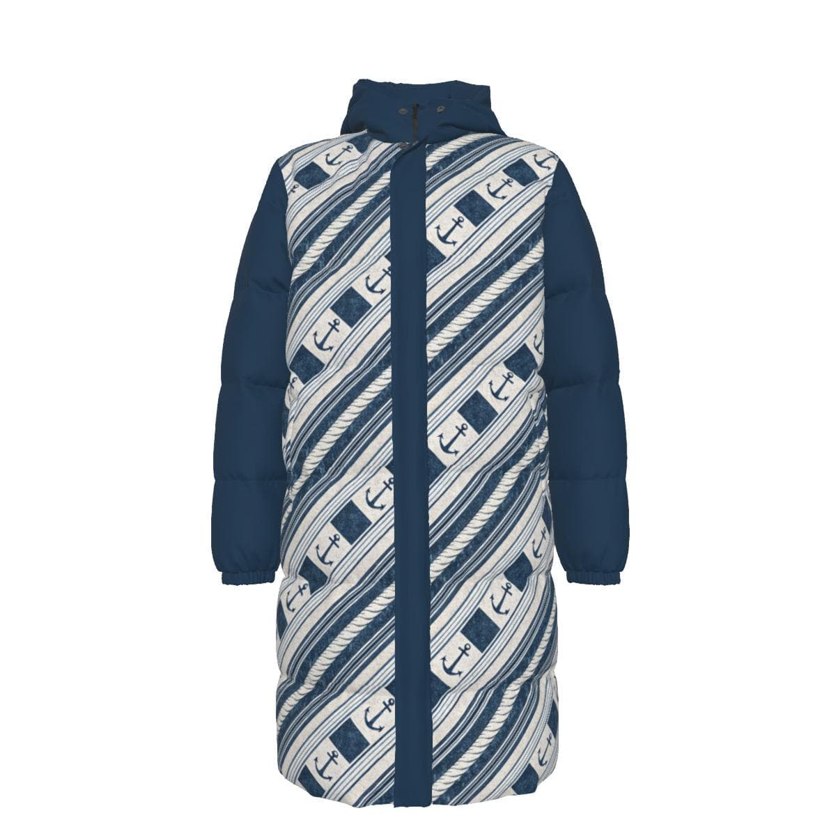 Nautical Anchor Print Long Puffer Jacket - Windproof Down Coat for Cold Weather Adventures