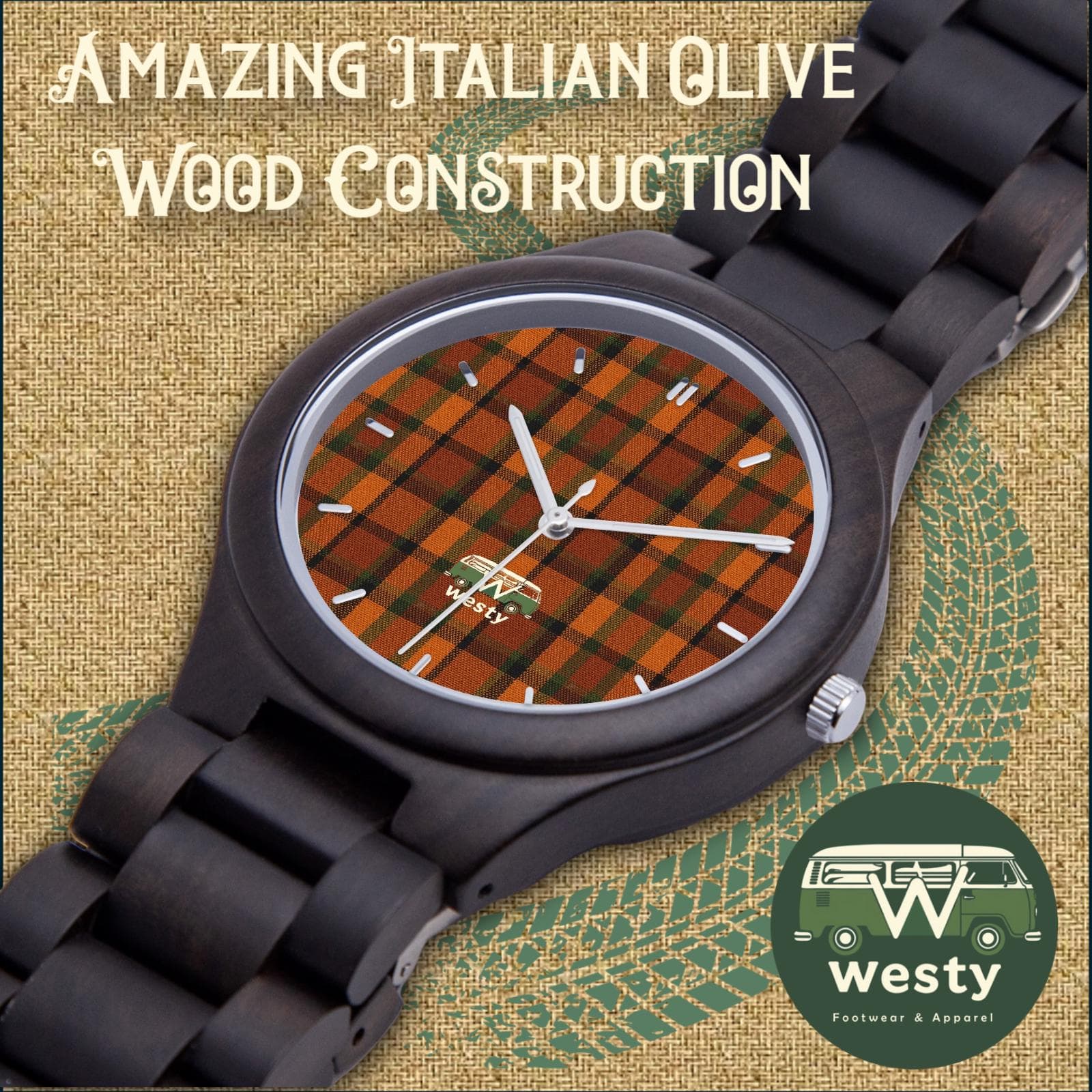 Westy Orange Plaid Wooden Watch | Italian Olive Wood | Van Life Heritage Timepiece | Japanese Citizen Movement | Road Trip Gift