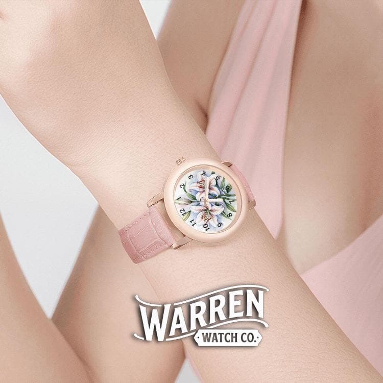 Warren Watch Co. Pink Lily Floral Watch | Alloy Case & Leather Strap