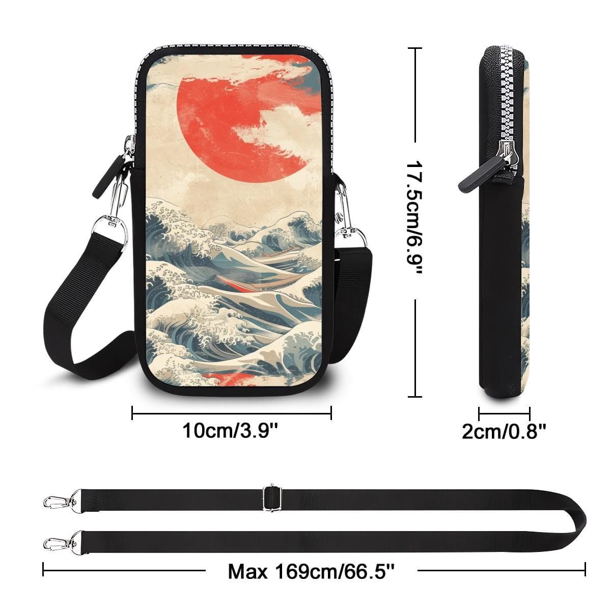 The Great Wave Neoprene Crossbody Phone Bag - Japanese Art Cell Pouch, Hokusai Style Minimalist Travel Wallet