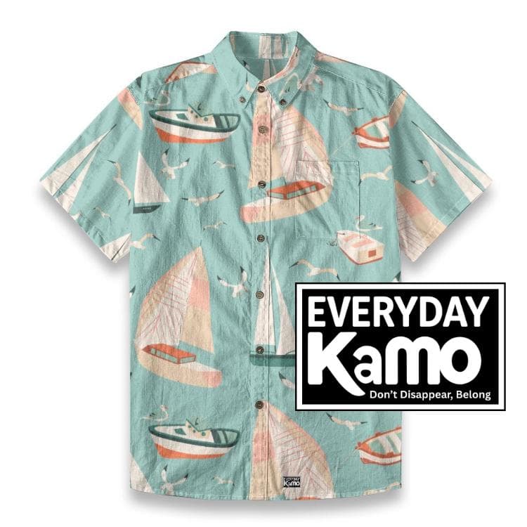 Men's Nautical Sailboat Shirt - Slub Cotton Short Sleeve Button-Down