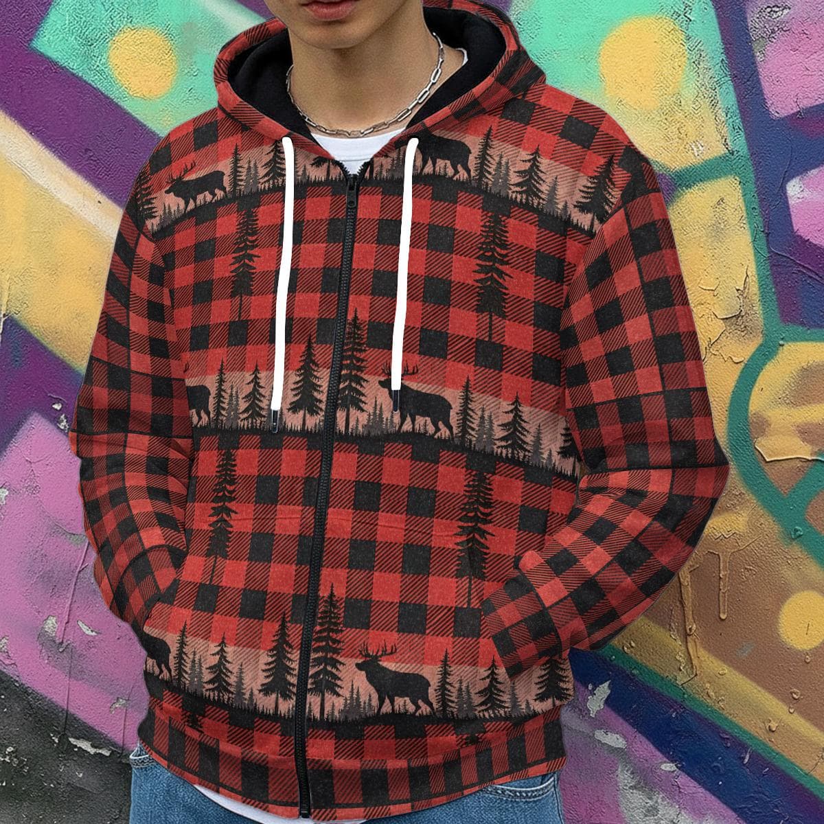 Buffalo Plaid Deer Forest Full-Zip Hoodie | Cozy Wilderness Adventure Jacket | Rustic Fleece Warmth