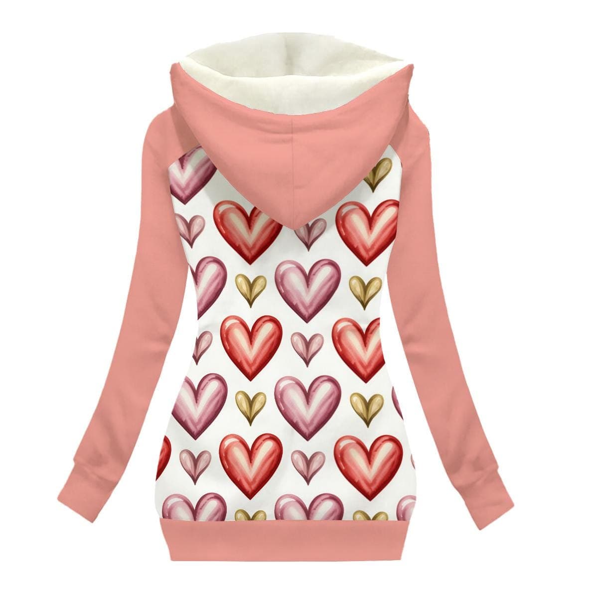 Charming Heart Print Plush Lined Hoodie - Oblique Zipper Warm Winter Jacket