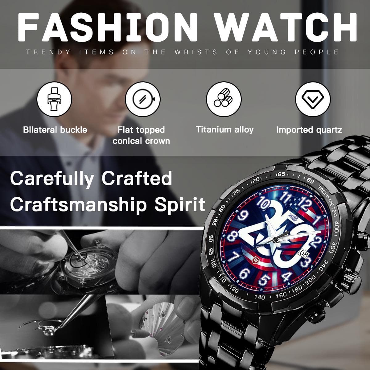 Bold American Pride 250th Anniversary Chronograph Watch - Metal Band, Crystal Mirror, Everyday Style