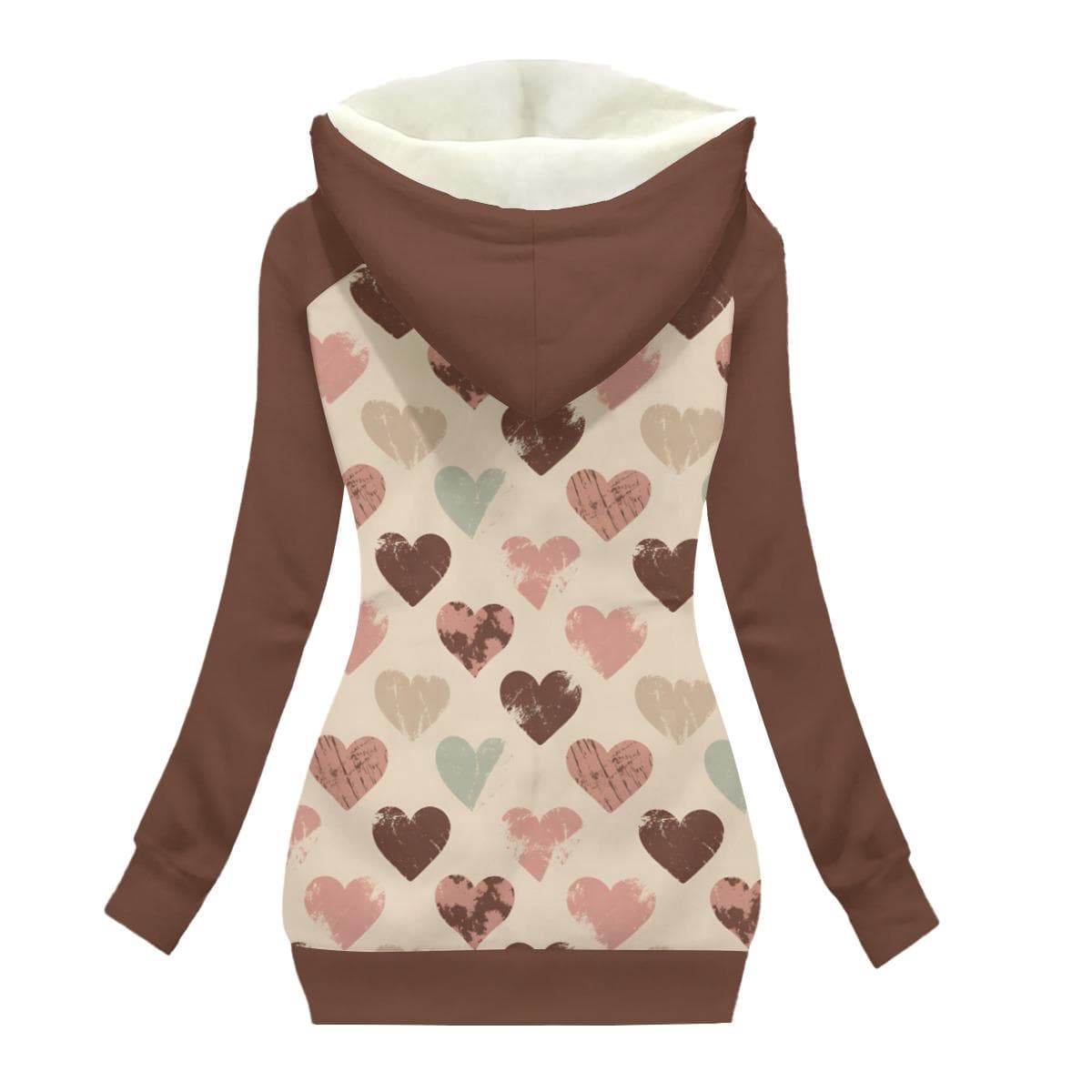 Heart Print Plush Hoodie | Asymmetrical Zip Winter Jacket