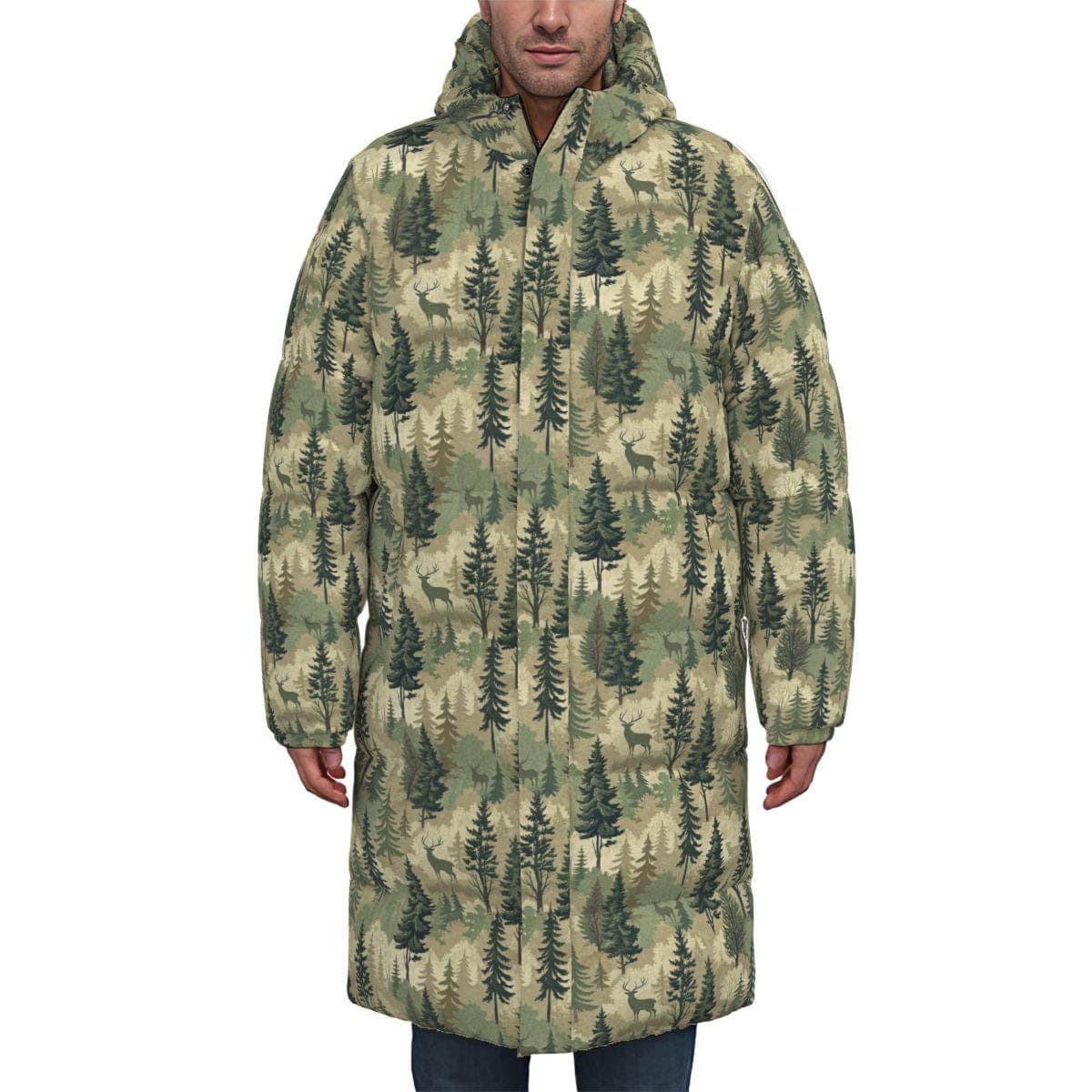 Majestic Deer Forest Camo Men's Long Down Puffer Parka - Windproof Winter Warmth