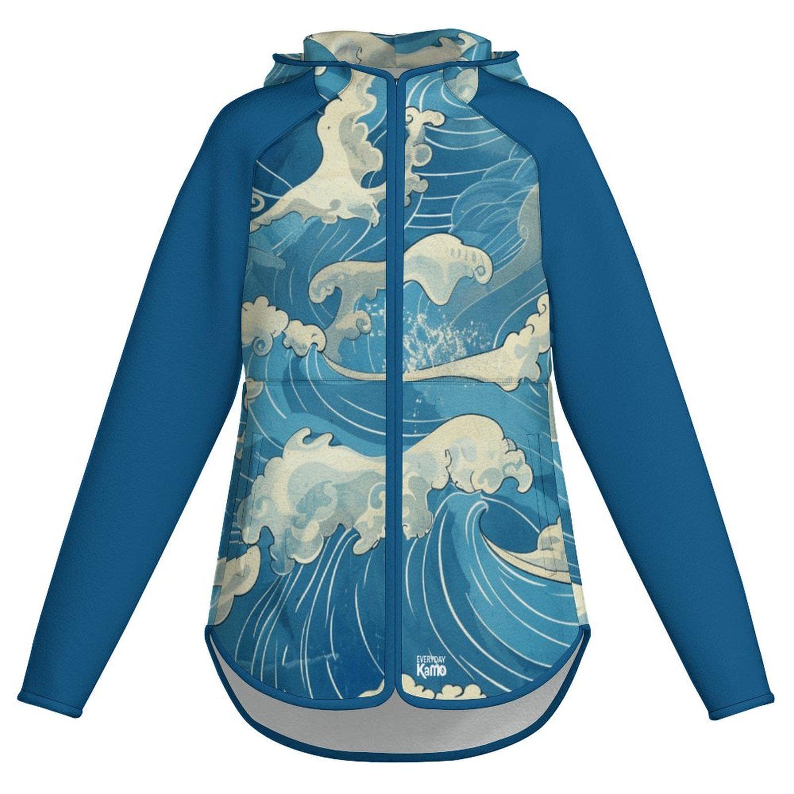 Everyday Kamo Great Wave Full-Zip Fleece Hoodie | Japanese Art Ocean Print Slim-Fit Jacket | Cozy Warm Zip Up Outerwear